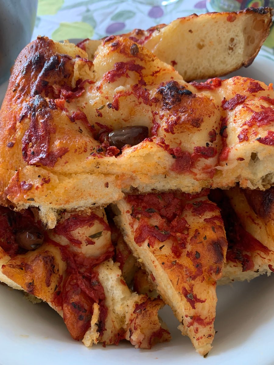 Focaccia bread with tomatoes and olives from Bari (Focaccia alla Barese)