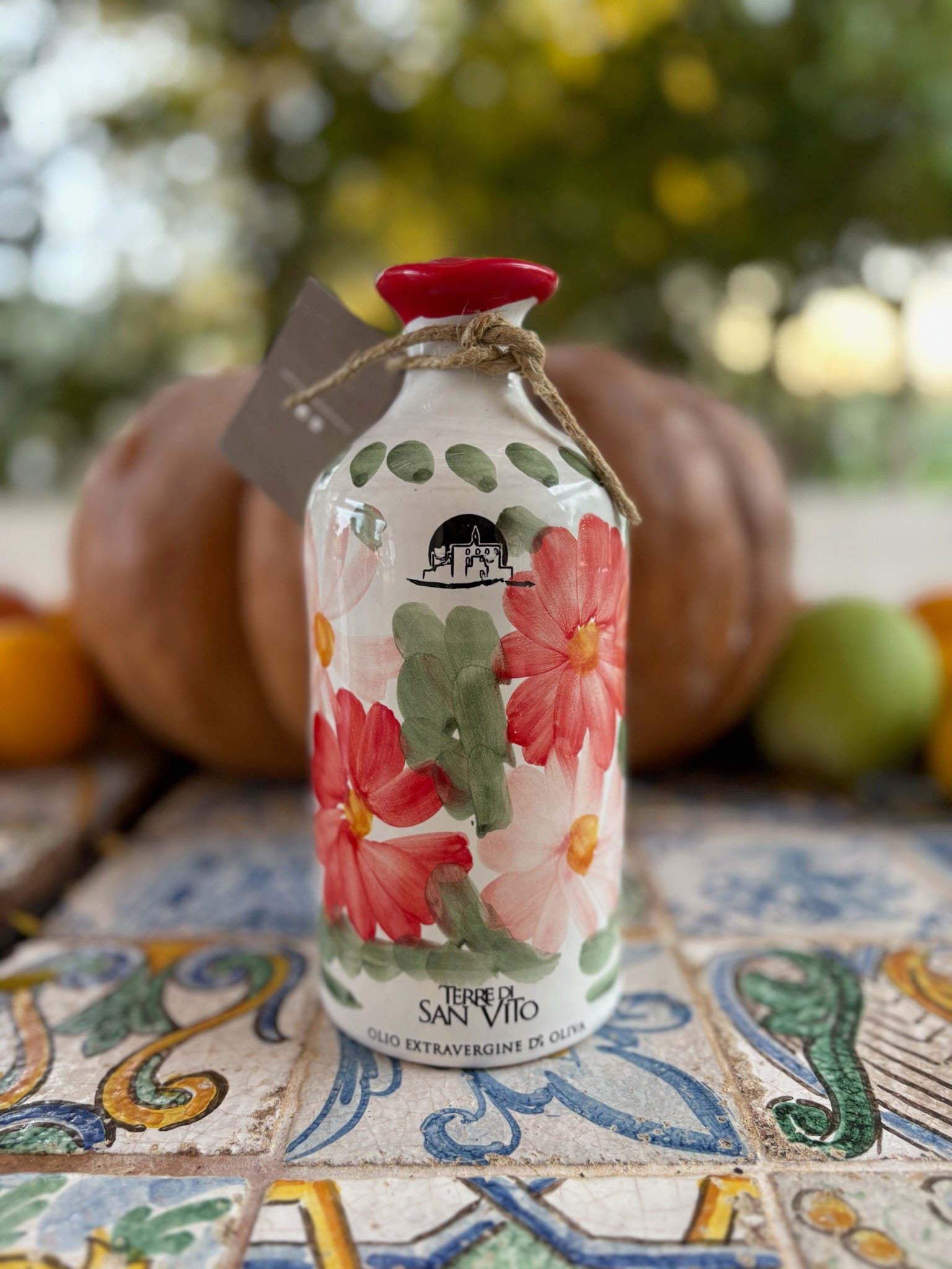 Red Floral Patterned Terracotta Jar with Extra Virgin Olive Oil
