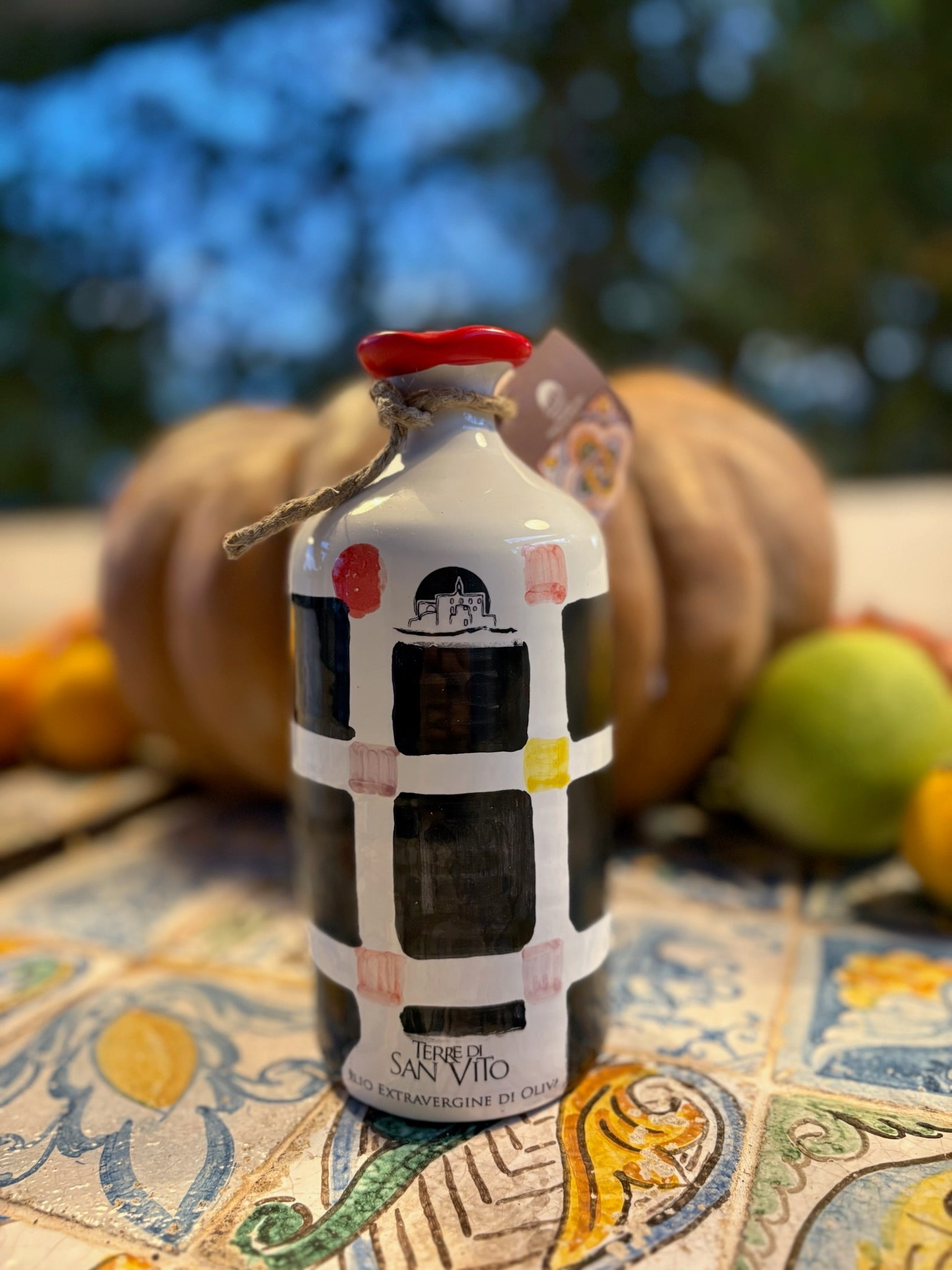 Black Square Patterned Terracotta Jar with Extra Virgin Olive Oil