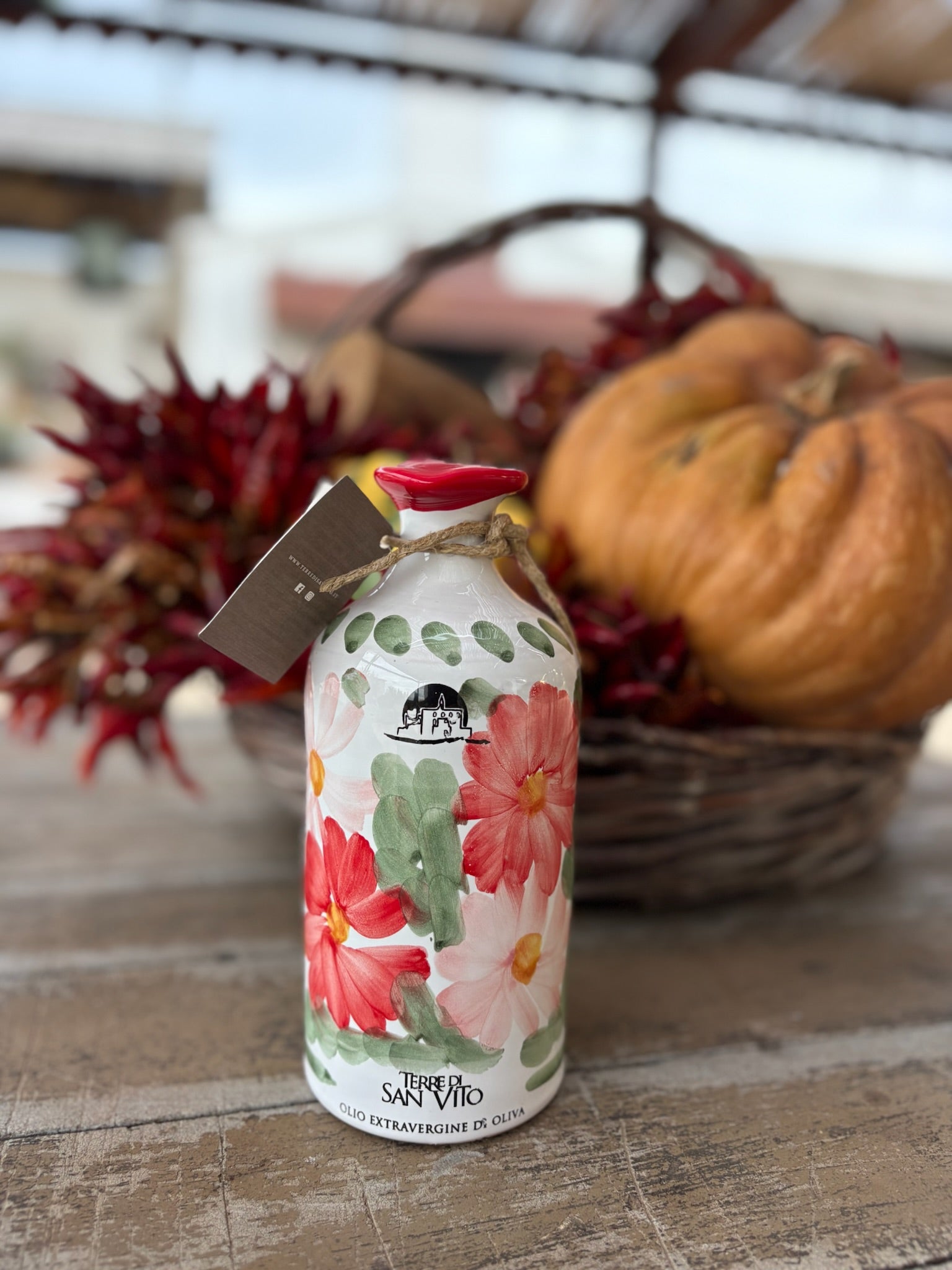 Red Floral Patterned Terracotta Jar with Extra Virgin Olive Oil