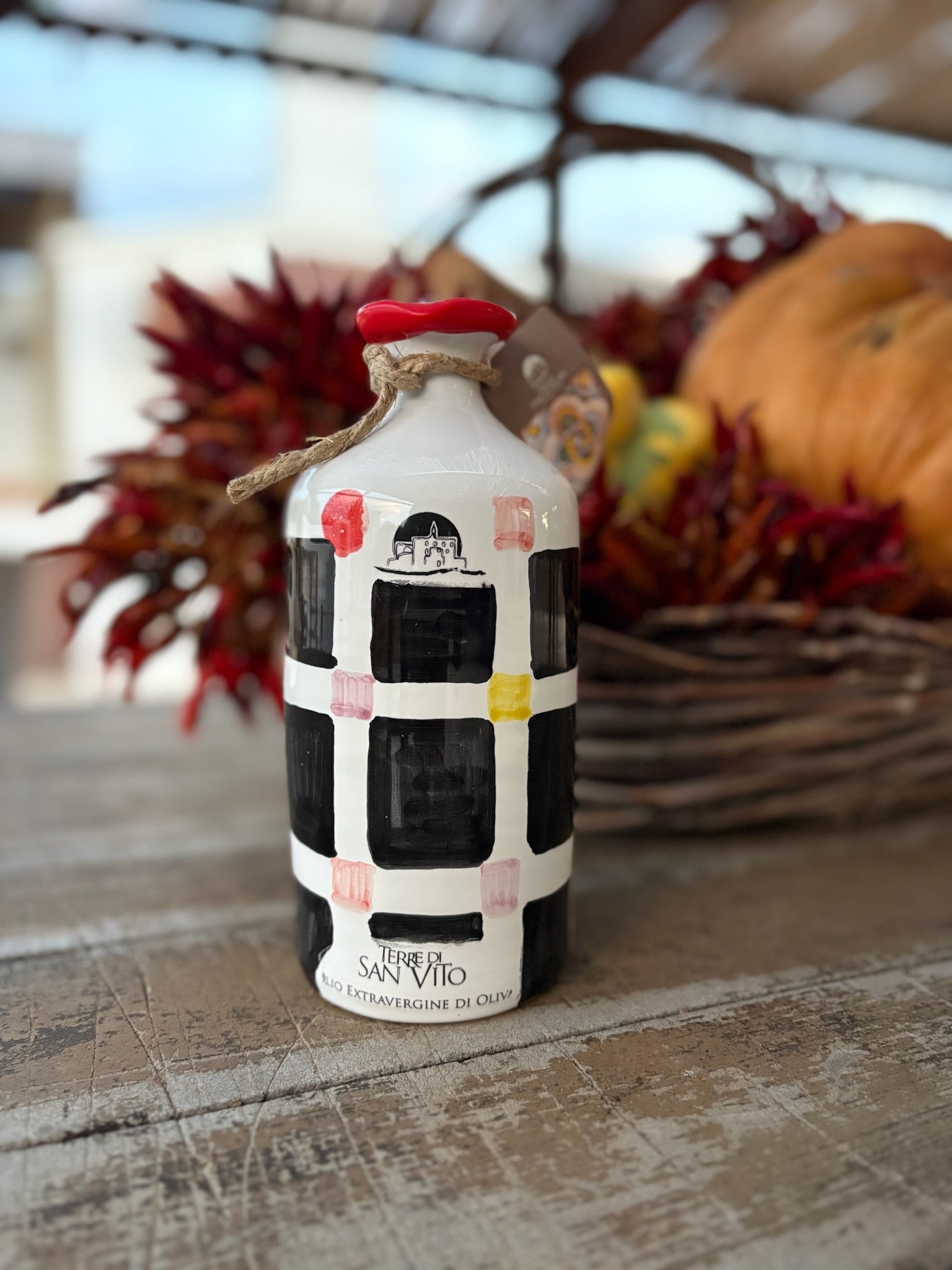 Black Square Patterned Terracotta Jar with Extra Virgin Olive Oil