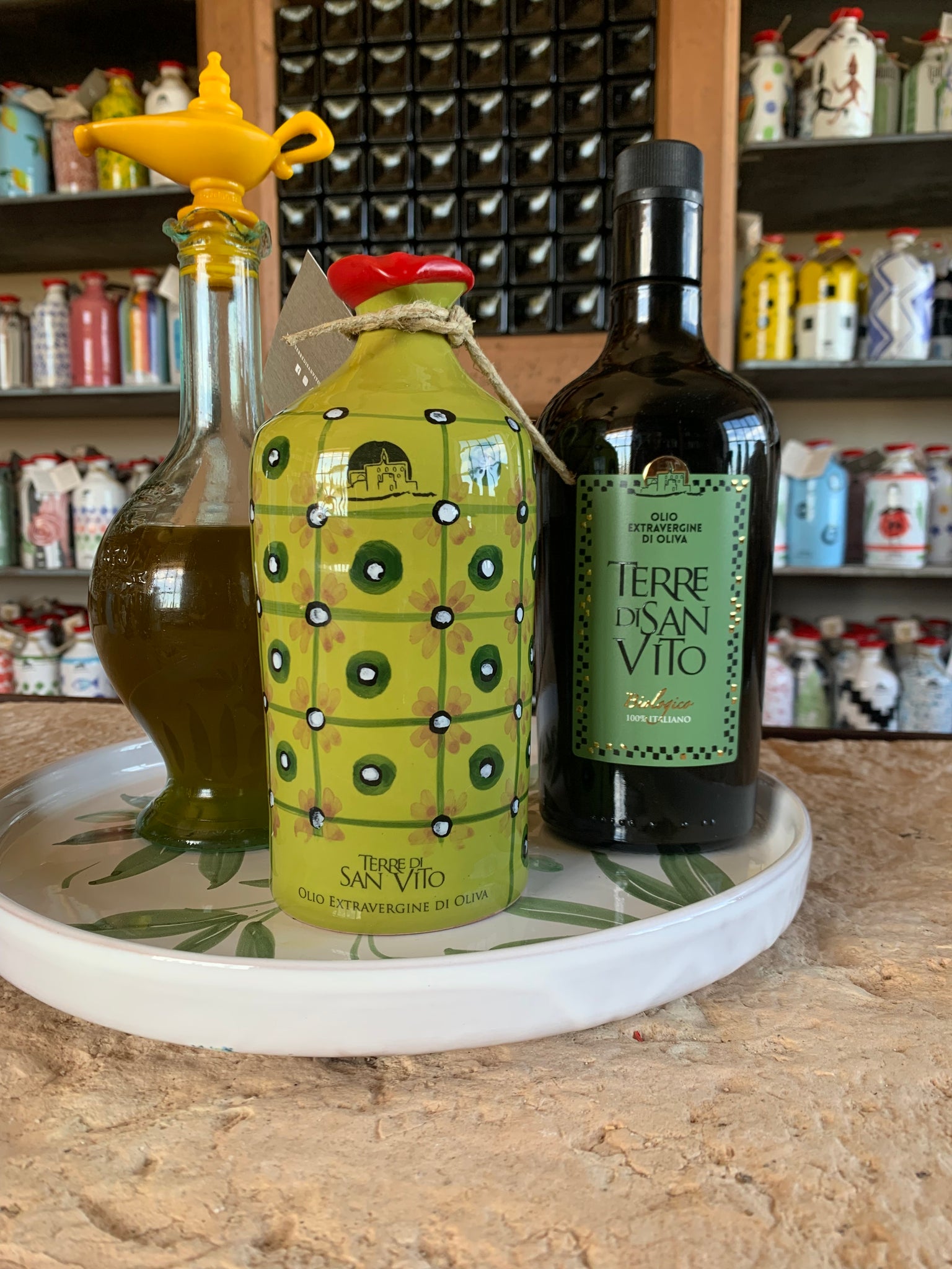 Lime Green Patterned Terracotta Jar – extra virgin olive oil