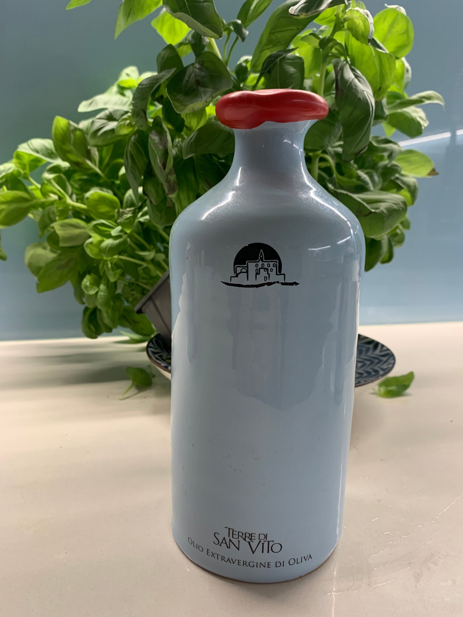 Sky blue terracotta jar – extra virgin olive oil