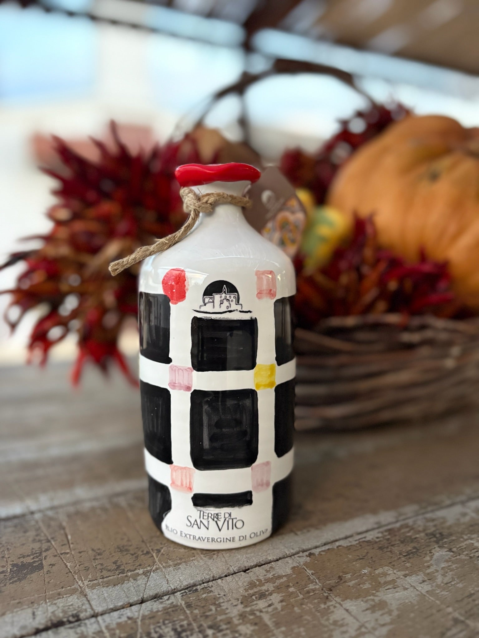 Black Square Patterned Terracotta Jar with Extra Virgin Olive Oil