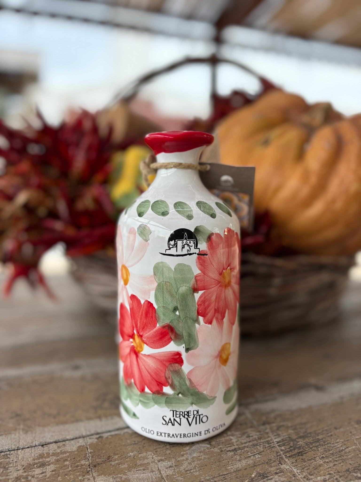 Red Floral Patterned Terracotta Jar with Extra Virgin Olive Oil