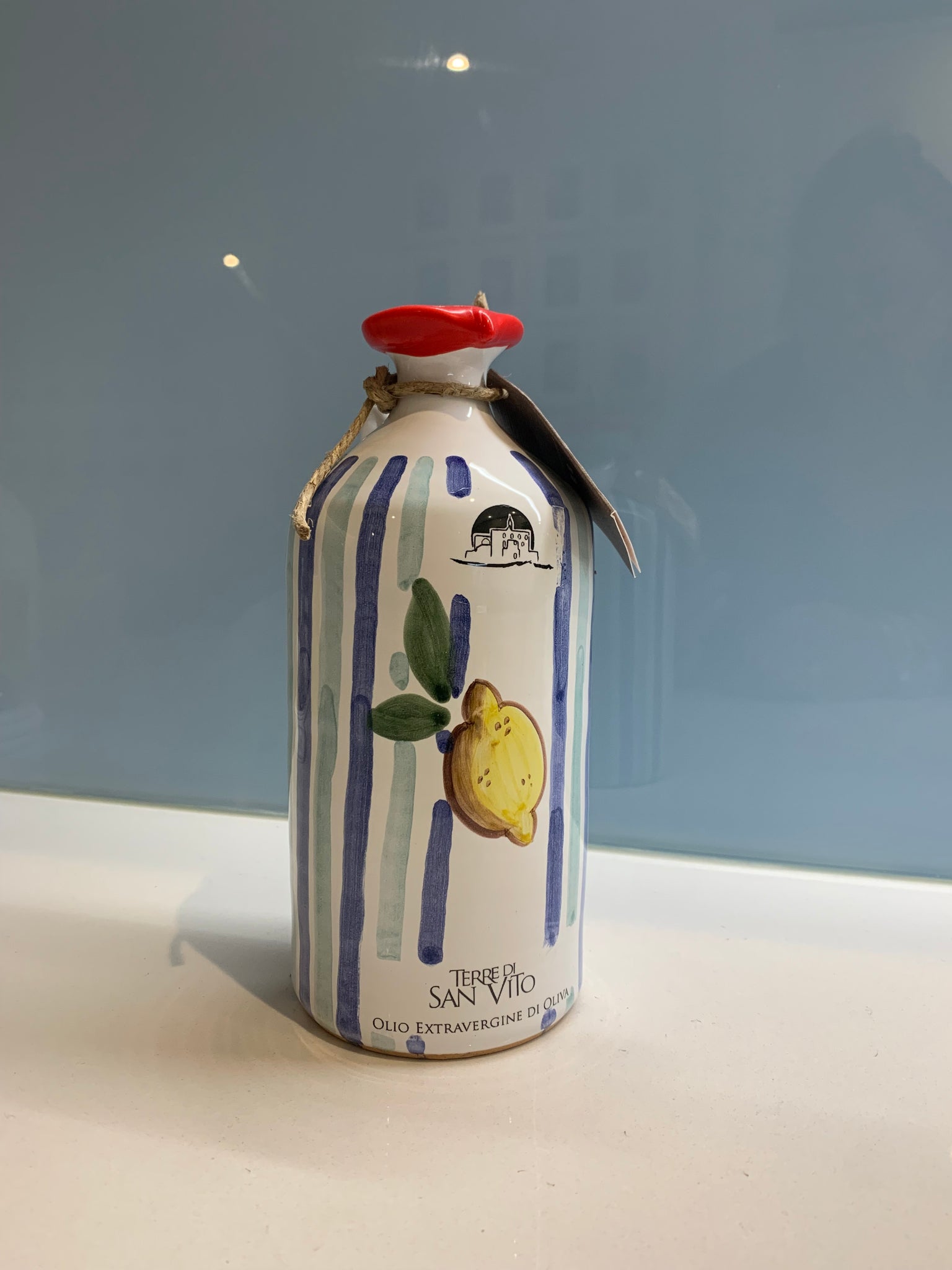 NEW IN: Lemon Stripe Patterned Terracotta Jar – extra virgin olive oil