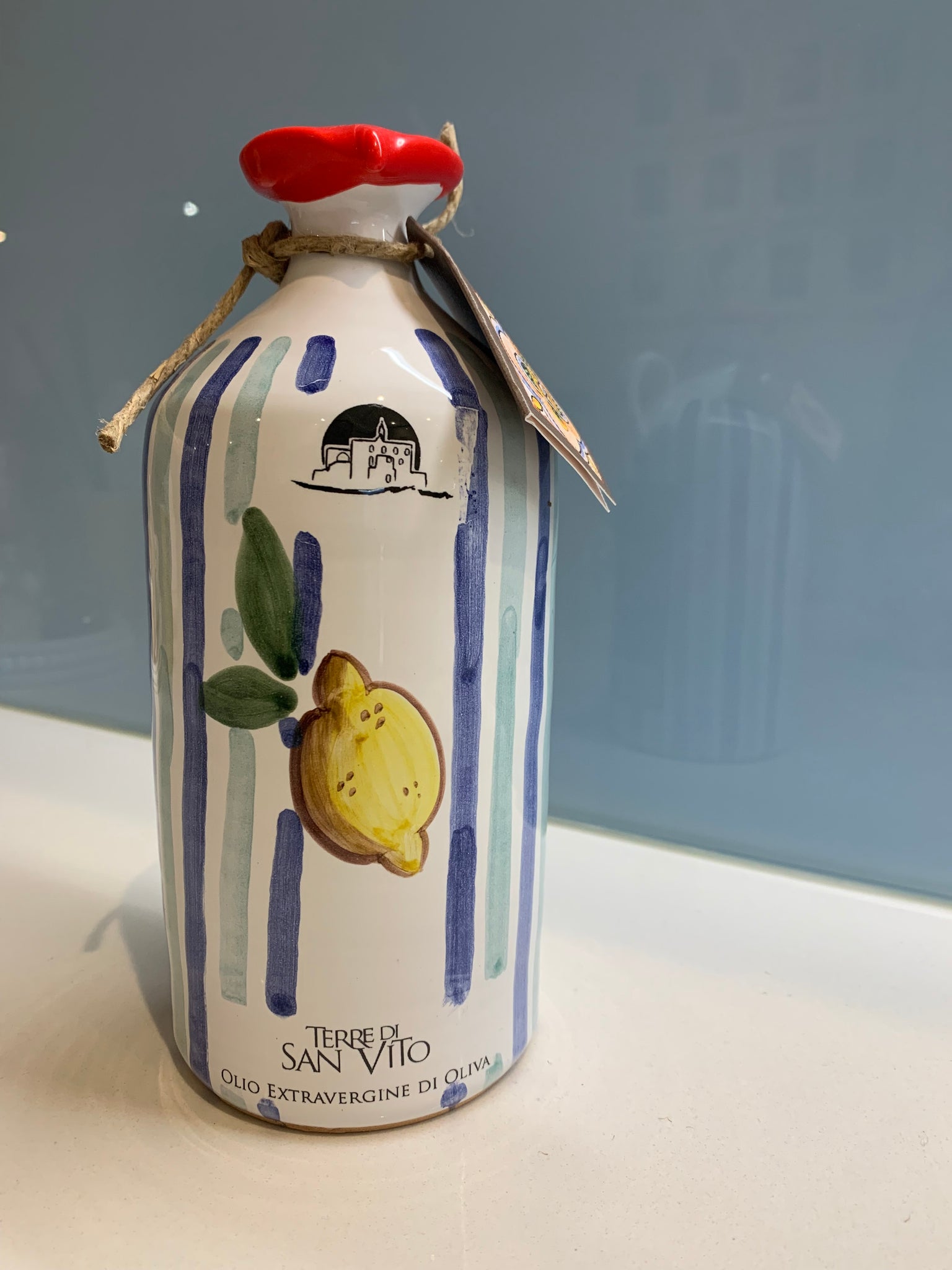 NEW IN: Lemon Stripe Patterned Terracotta Jar – extra virgin olive oil