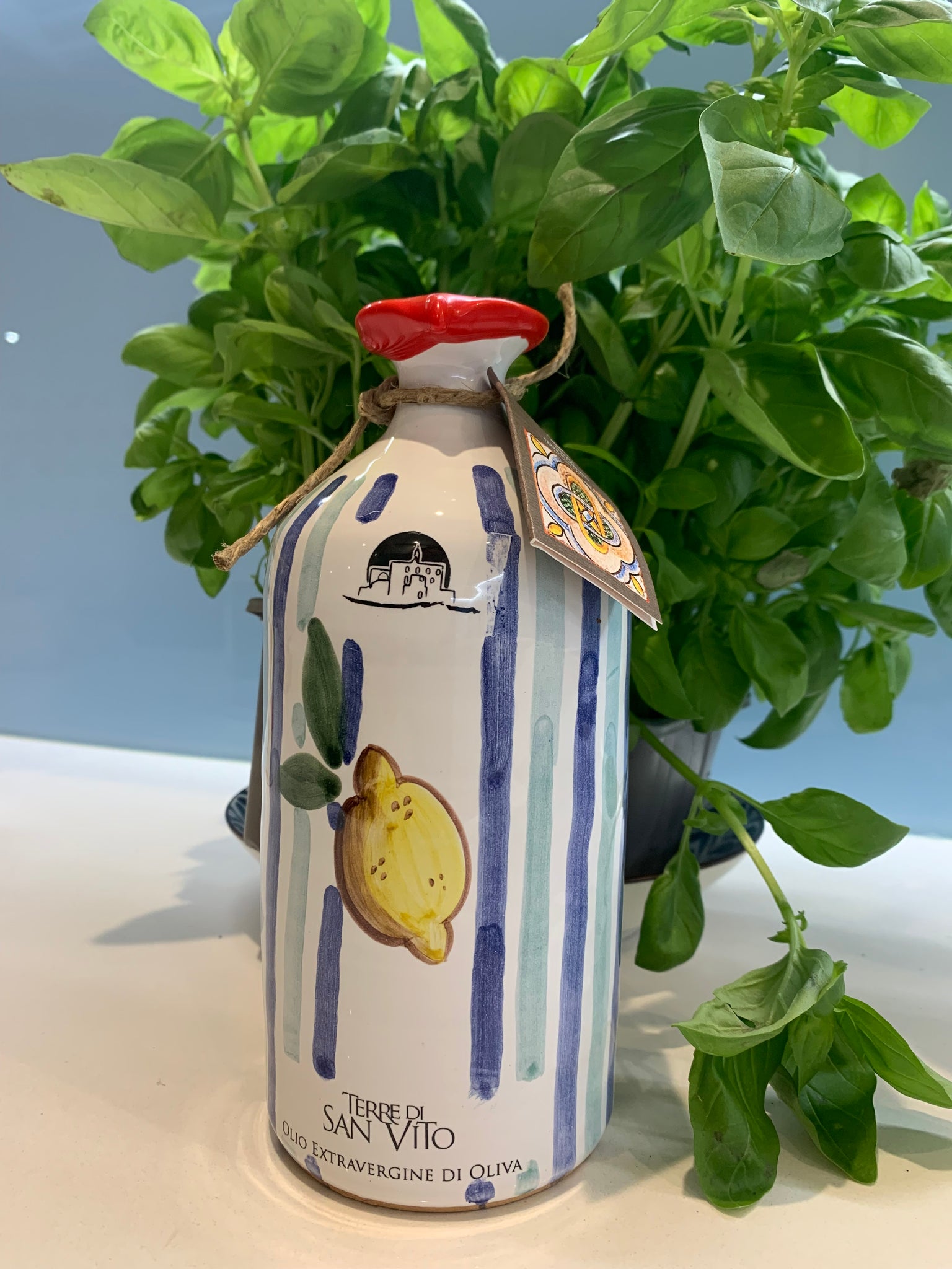 NEW IN: Lemon Stripe Patterned Terracotta Jar – extra virgin olive oil
